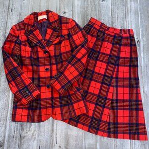 Pendleton 100% Virgin Wool Skirt Suit Size 8 Red Plaid Blazer Academia Preppy
